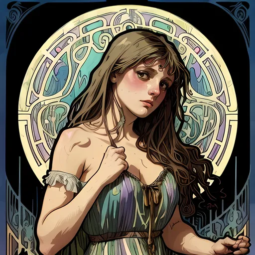 Prompt: by Alphonse Mucha & Sam Guay & Francesco Francavilla :: Lost angry dishevelled furious cute sorority president wearing dirty tattered rainbow dress on lonely road on moonlit night :: sinister, horror