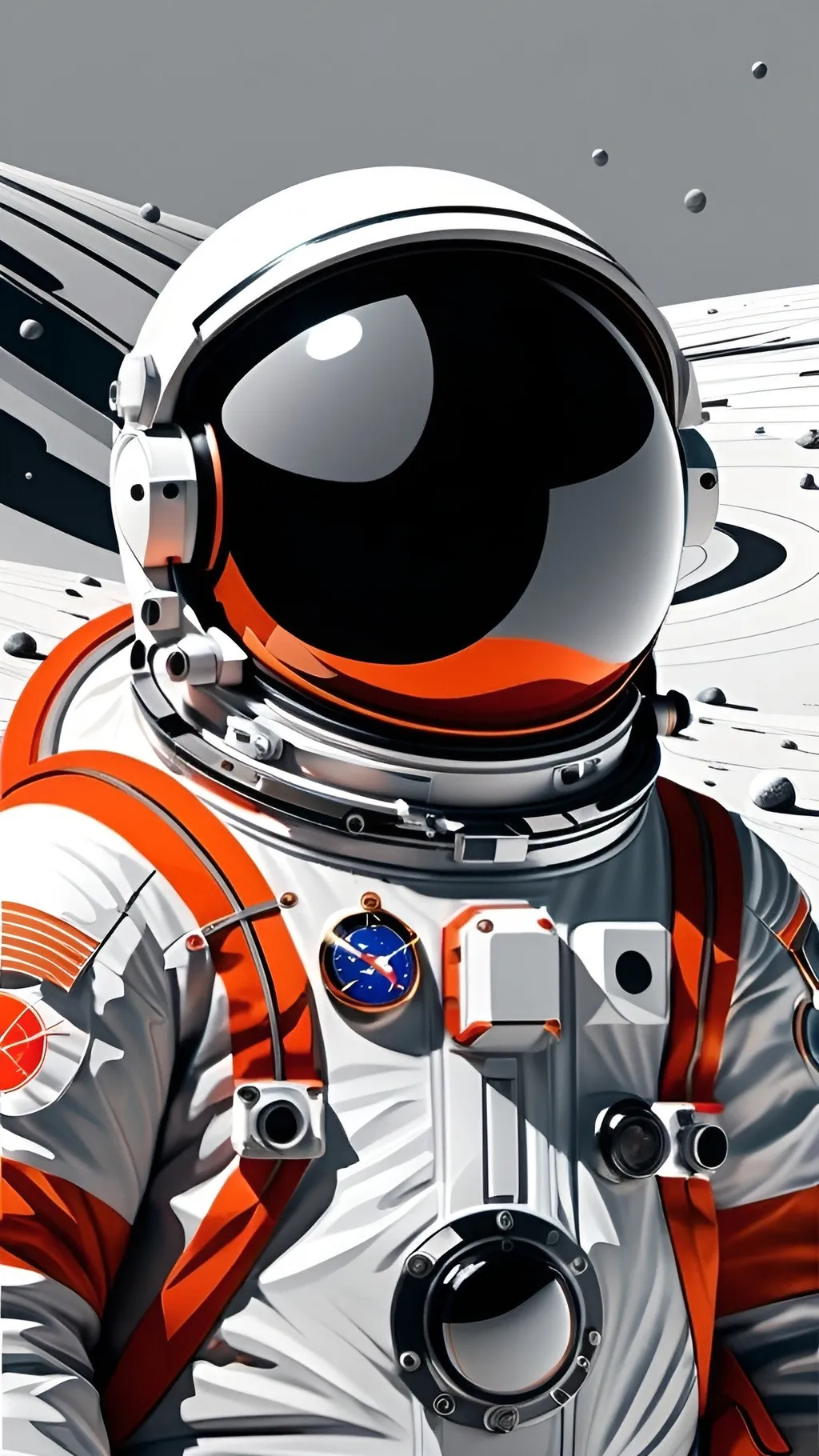 Prompt: USSR Cosmonaut, wide shot, far away, fine ink with minimal orange, grey, one spot red colour, in background only, minimalist fine ink line art, floating in space, flowing sharp but fine sweeping curves that interlock to create the form, The background is a simple minimal grid of thin, contrasting lines."  complementary colors, fantasy concept art, 8k resolution trending on Artstation Unreal Engine 5