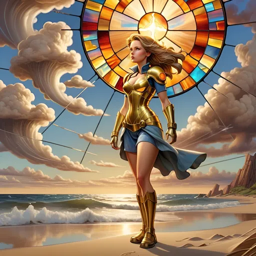 Prompt: Majestic masterful Stained glass art, Ultrarealistic gold solder, warm feeling, woman standing on the beach, fallout video game, cloud, horizon, island, lightning, ocean, outdoors, sand, shore, sky, nuclear explosion mushroom cloud, water, waves