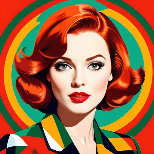Prompt: Irish redhead Woman with bright red lips, conceptual, in the style of modern pop art print illustration, multiple prints repeated, very bright colors, geometric forms, 1960s, spy movie Action pose, 2d
