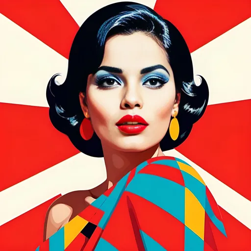 Prompt: Peruvian Woman with bright red lips, conceptual, in the style of modern pop art print illustration, multiple prints repeated, very bright colors, geometric forms, 1960s, spy movie Action pose, 2d