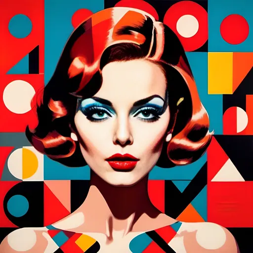 Prompt: Woman with bright red lips, in the style of modern pop art, multiple prints repeated, very bright colors, geometric forms, 1960s, spy movie Action pose, 2d