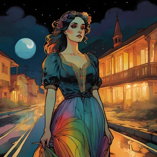 Prompt: by Alphonse Mucha & Sam Guay & Francesco Francavilla :: Lost angry dishevelled furious cute sorority president wearing dirty tattered rainbow dress on lonely road on moonlit night :: sinister, horror