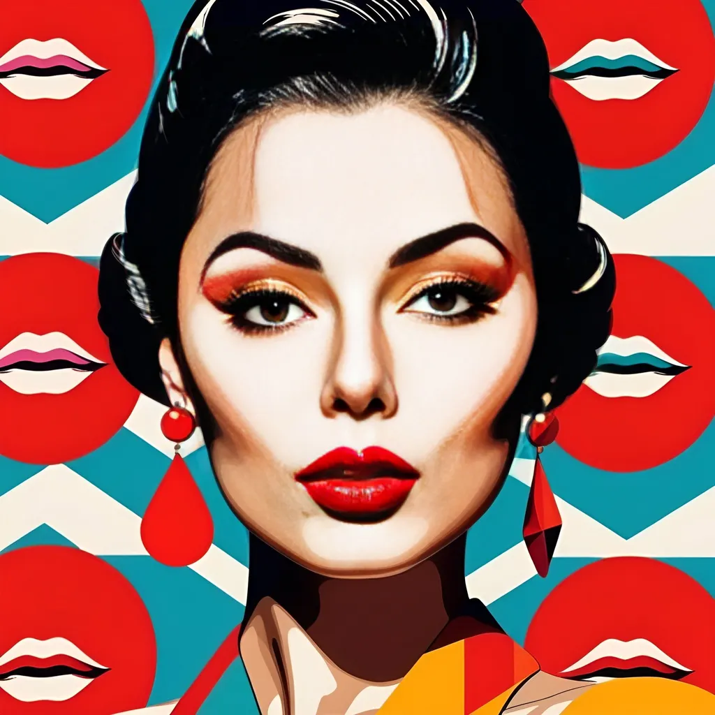 Prompt: balinese Woman with bright red lips, conceptual, in the style of modern pop art print illustration, multiple prints repeated, very bright colors, geometric forms, 1960s, spy movie Action pose, 2d