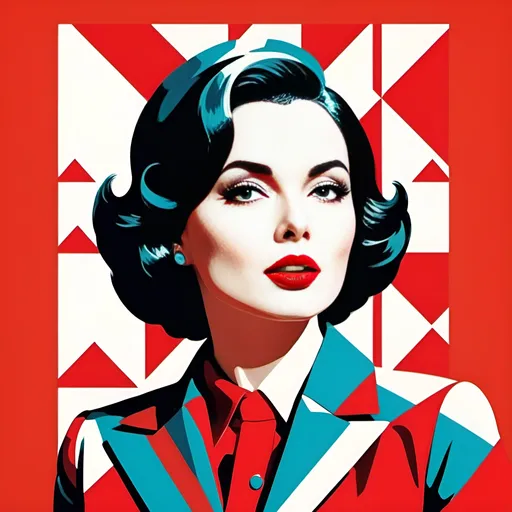 Prompt: Helsinki Woman with bright red lips, conceptual, in the style of modern pop art print illustration, multiple prints repeated, very bright colors, geometric forms, 1960s, spy movie Action pose, 2d