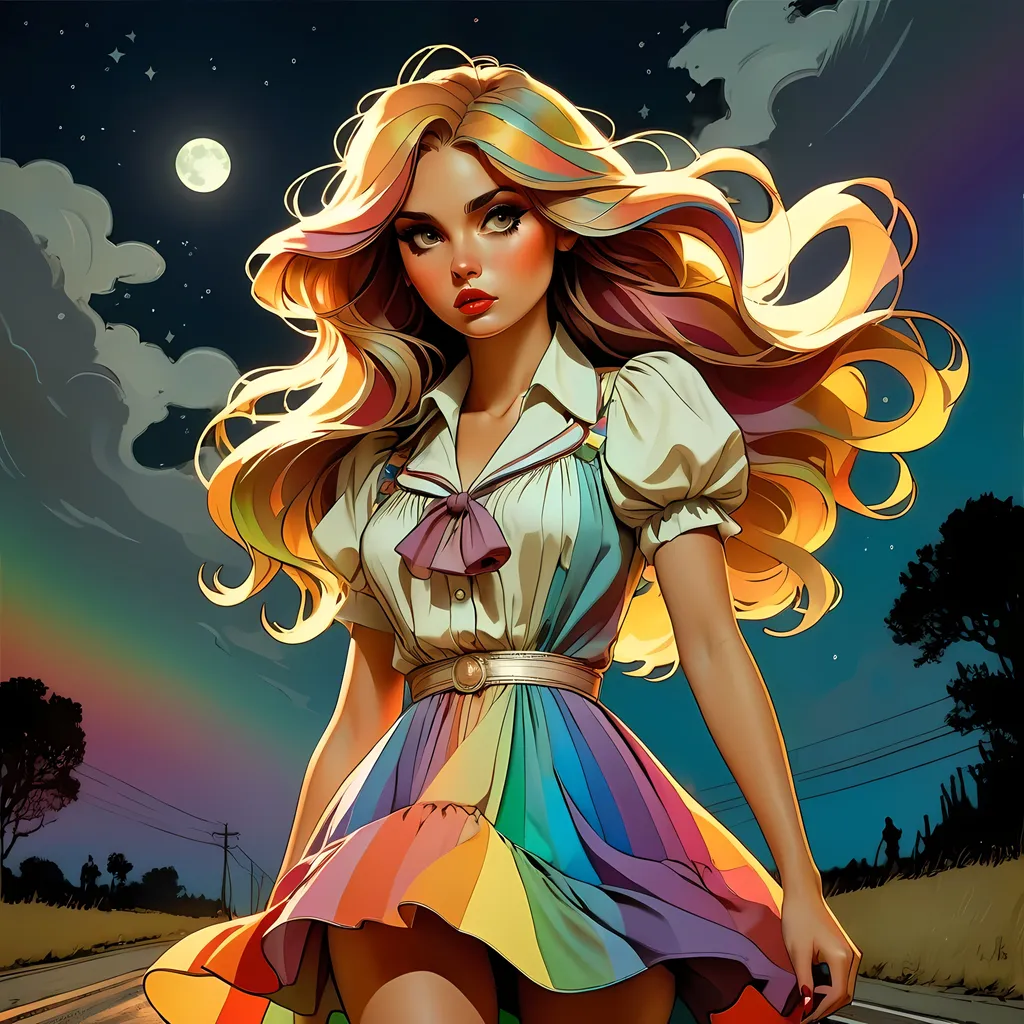 Prompt: by Alphonse Mucha & Sam Guay & Francesco Francavilla :: Lost angry dishevelled furious cute sorority president wearing dirty tattered rainbow dress on lonely road on moonlit night :: sinister, horror