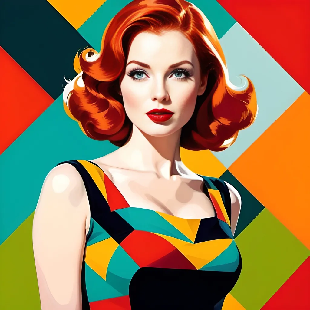 Prompt: Irish redhead Woman with bright red lips, conceptual, waist up, in the style of modern pop art print illustration, multiple prints repeated, very bright colors, geometric forms, 1960s, spy movie Action pose, 2d