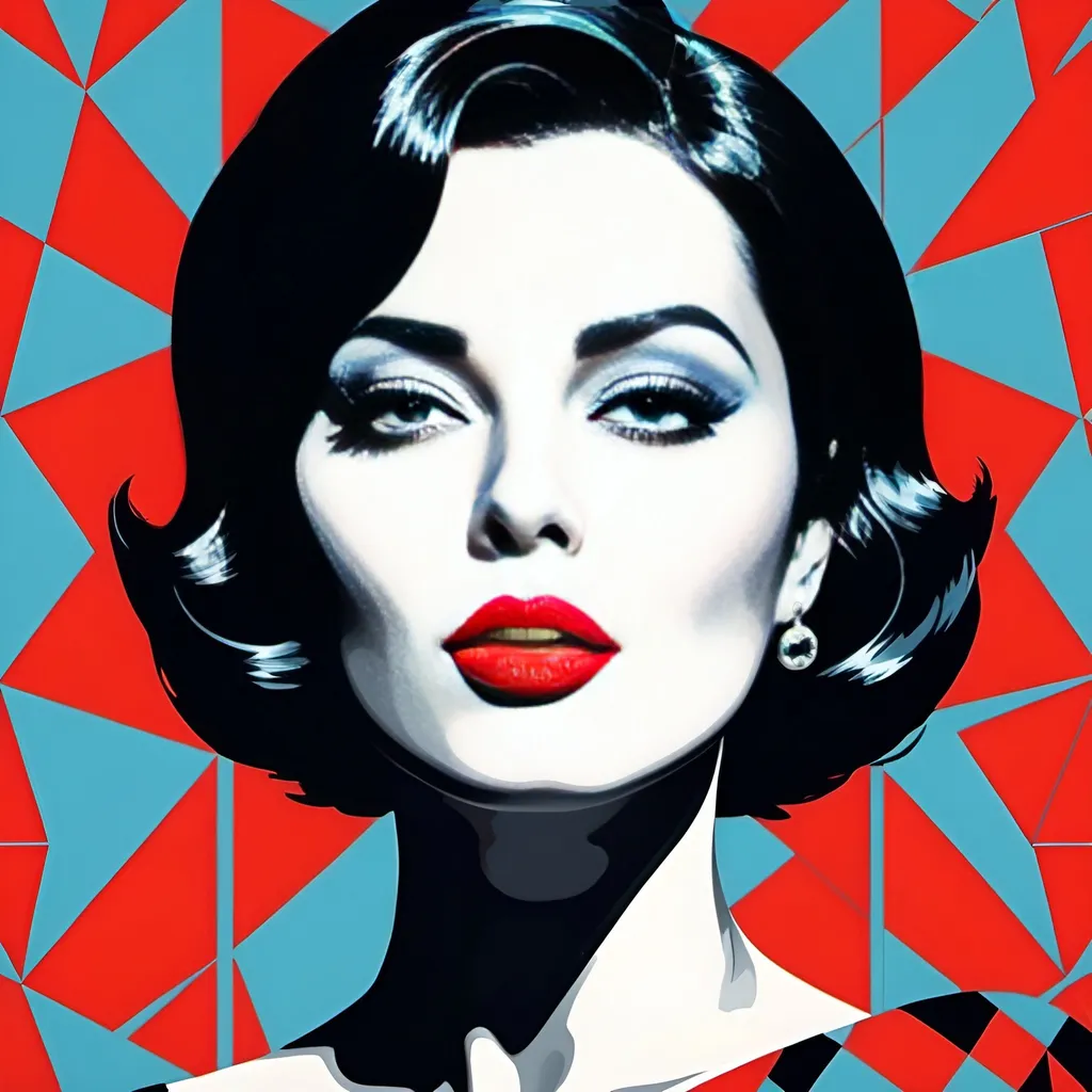 Prompt: Helsinki Woman with bright red lips, conceptual, in the style of modern pop art print illustration, multiple prints repeated, very bright colors, geometric forms, 1960s, spy movie Action pose, 2d