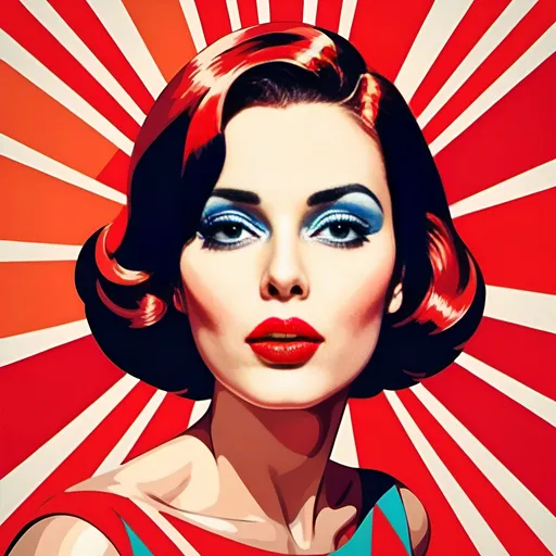 Prompt: Woman with bright red lips, in the style of modern pop art print illustration, multiple prints repeated, very bright colors, geometric forms, 1960s, spy movie Action pose, 2d