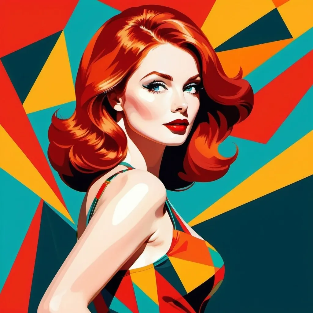 Prompt: Irish redhead Woman with bright red lips, conceptual, glamour, dramatic, waist up, long legs, in the style of modern pop art print illustration, multiple prints repeated, very bright colors, geometric forms, 1960s, spy movie Action pose, 2d