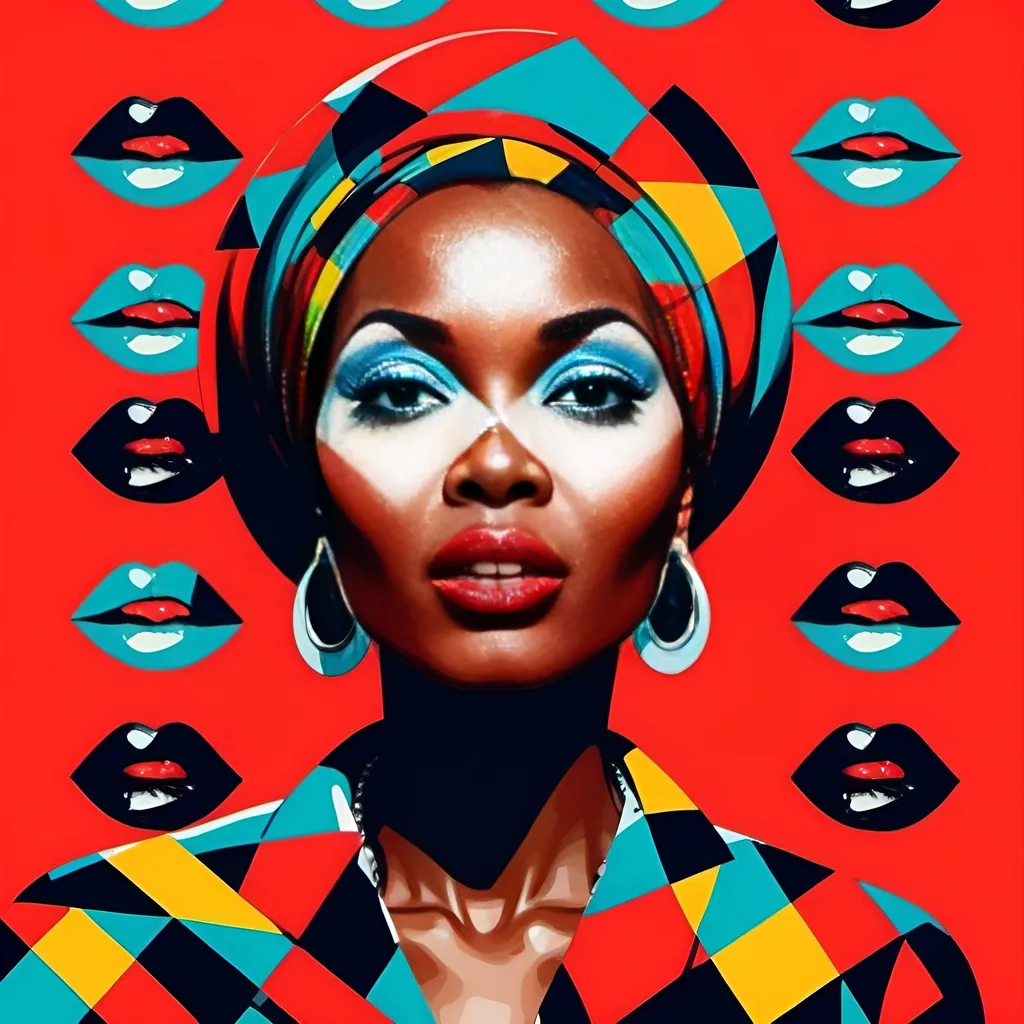 Prompt: Kenyan Woman with bright red lips, conceptual, in the style of modern pop art print illustration, multiple prints repeated, very bright colors, geometric forms, 1960s, spy movie Action pose, 2d