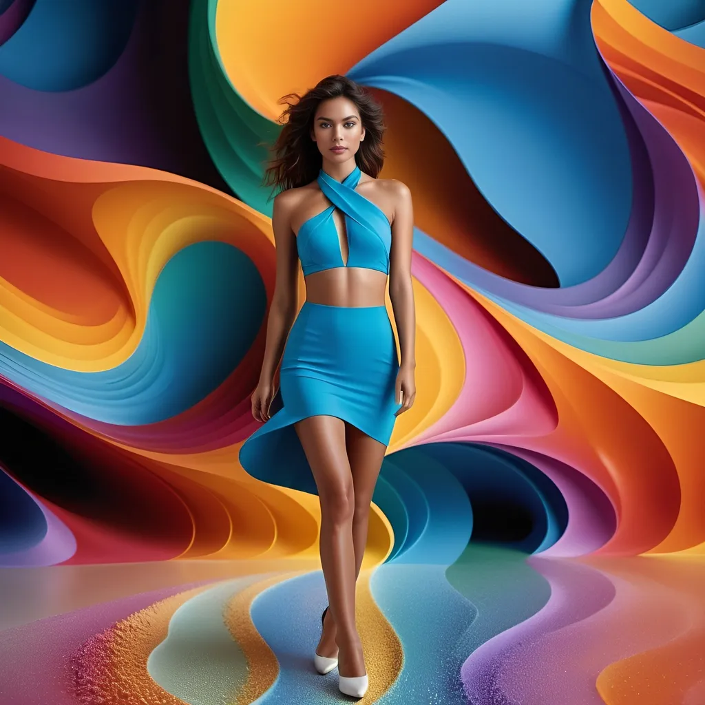 Prompt: Full_body bright colors portrait, young sublime goddess in an abstract vector fractal wave function with 3d shading, by Martin Schoeller, by Mark Mann, by Steve McCurry, bokeh plain industrial cement background, studio lighting, canon lens, shot on dslr, 64 megapixels, sharp focus