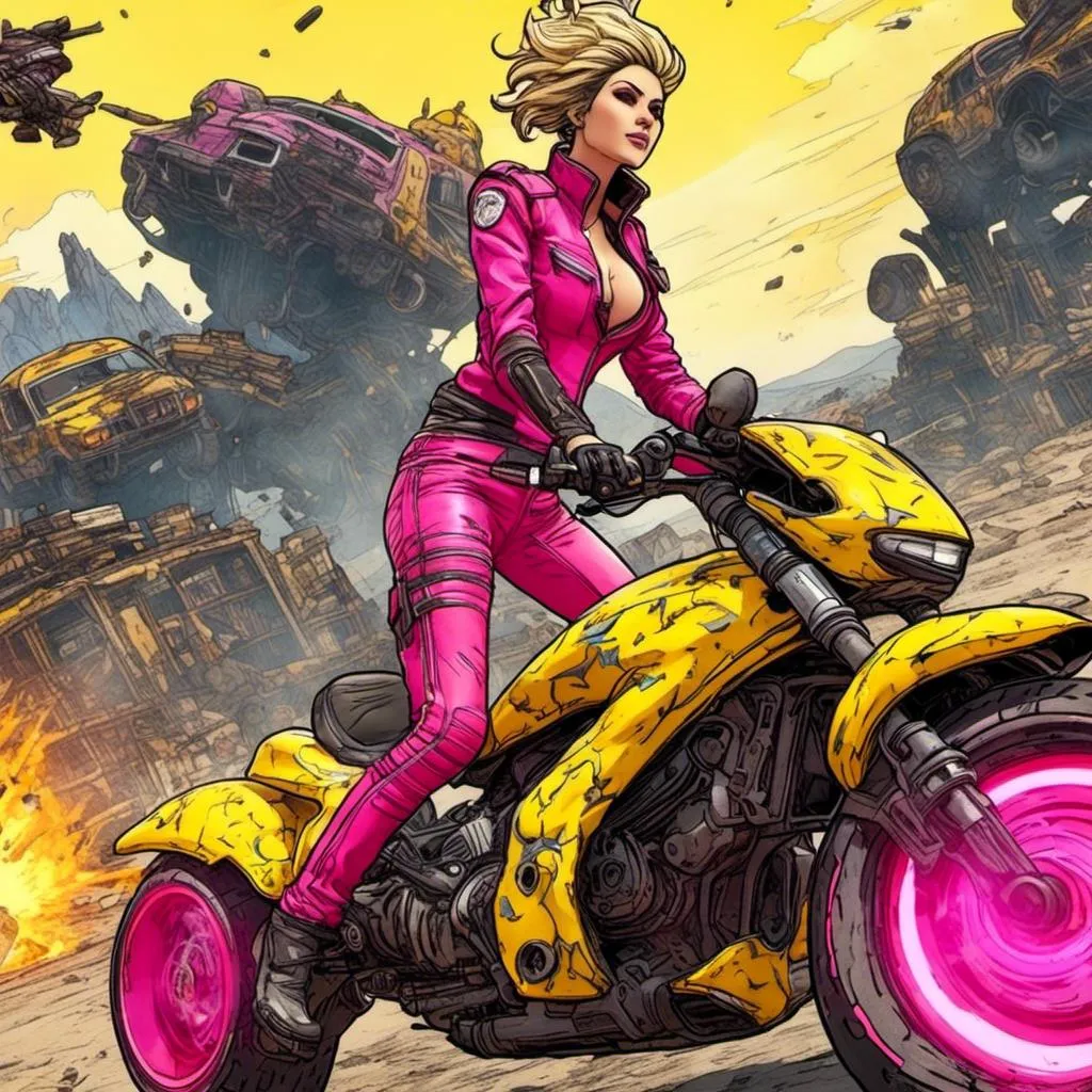 Prompt: <mymodel> Goddess in a bright pink and yellow leather and latex catsuit, riding a motorbike, chased by bandits, explosions in the background