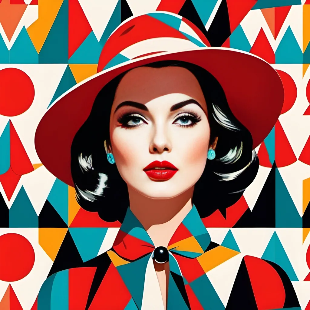 Prompt: Venezia Woman with bright red lips, conceptual, in the style of modern pop art print illustration, multiple prints repeated, very bright colors, geometric forms, 1960s, spy movie Action pose, 2d