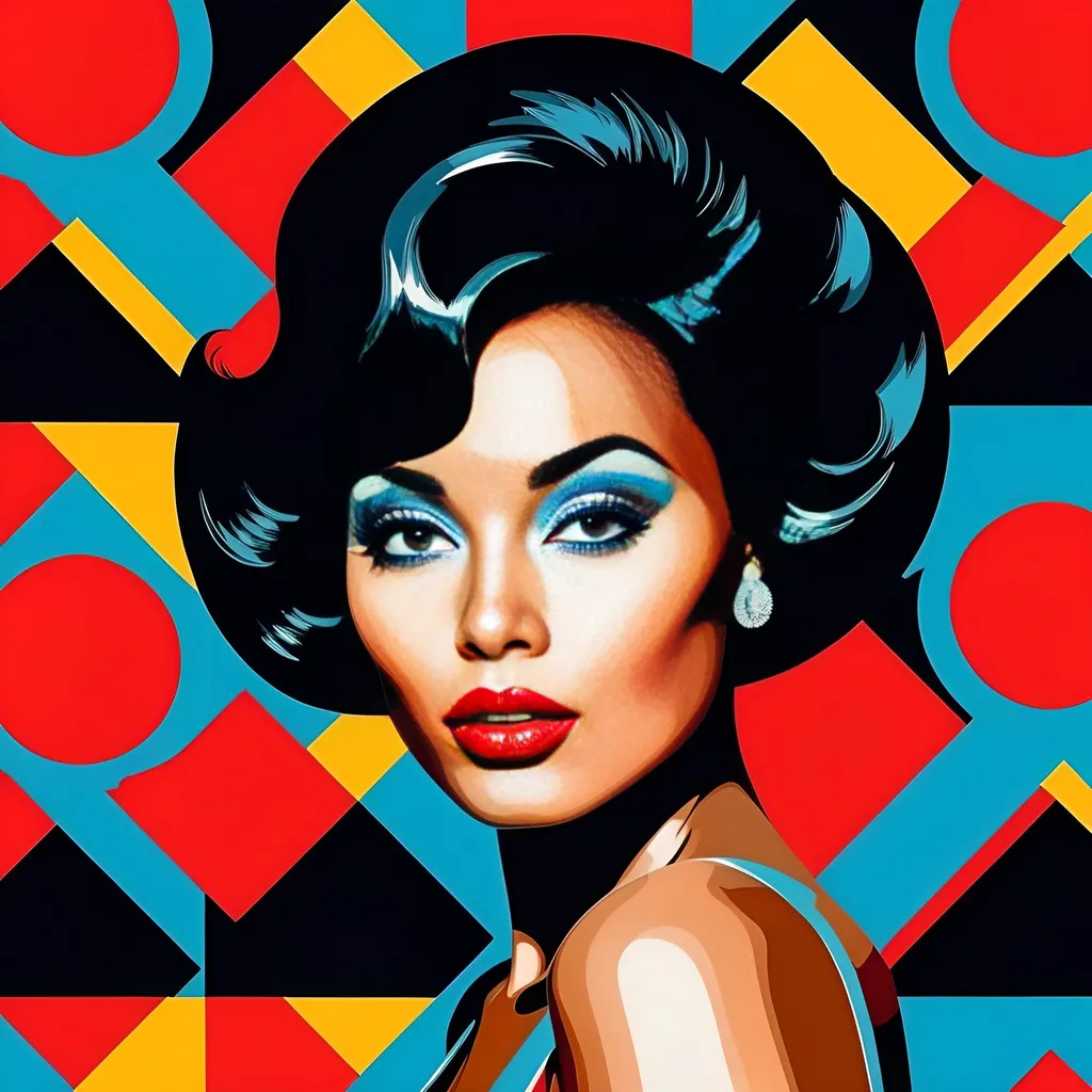 Prompt: Ebony Woman with bright red lips, conceptual, in the style of modern pop art print illustration, multiple prints repeated, very bright colors, geometric forms, 1960s, spy movie Action pose, 2d