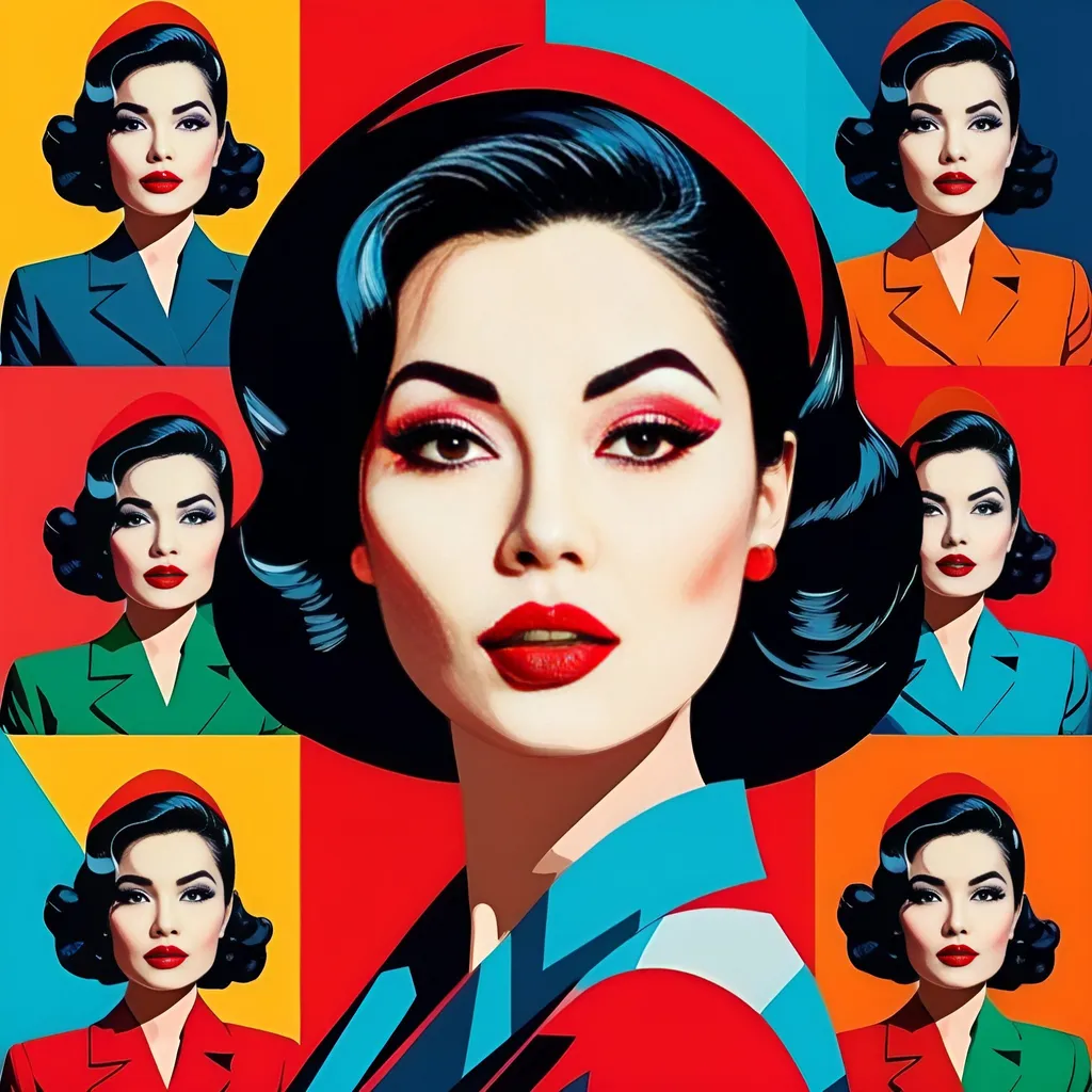 Prompt: Vietnamese Woman with bright red lips, conceptual, in the style of modern pop art print illustration, multiple prints repeated, very bright colors, geometric forms, 1960s, spy movie Action pose, 2d