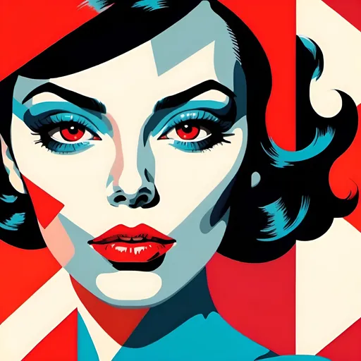 Prompt: Woman with bright red lips, in the style of modern pop art print illustration, multiple prints repeated, very bright colors, geometric forms, 1960s, spy movie Action pose, 2d