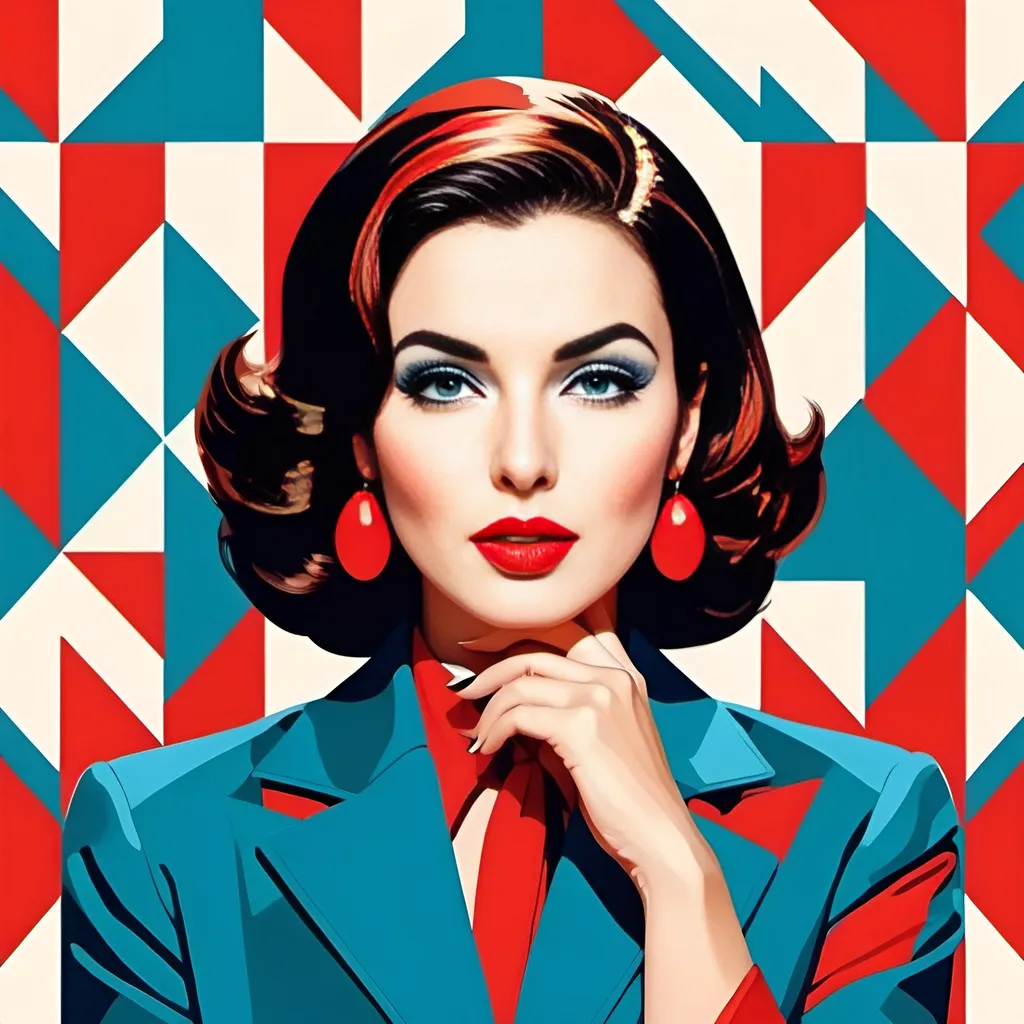 Prompt: Montreal Woman with bright red lips, conceptual, in the style of modern pop art print illustration, multiple prints repeated, very bright colors, geometric forms, 1960s, spy movie Action pose, 2d