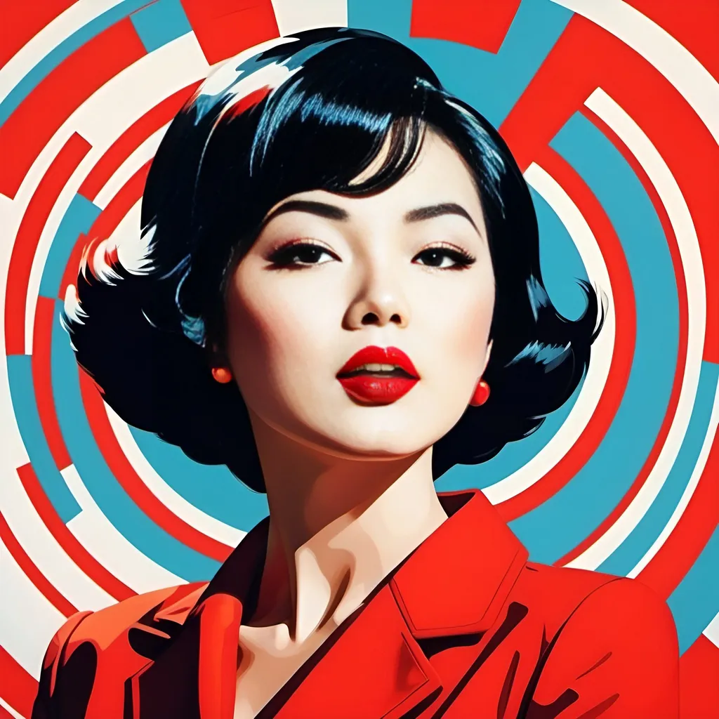 Prompt: Tokyo Woman with bright red lips, conceptual, in the style of modern pop art print illustration, multiple prints repeated, very bright colors, geometric forms, 1960s, spy movie Action pose, 2d