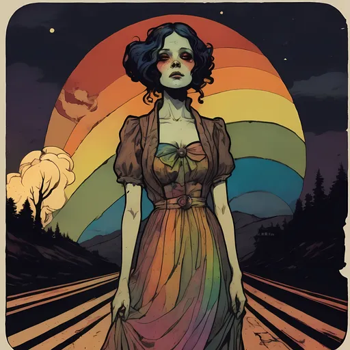 Prompt: by Alphonse Mucha & Sam Guay & Francesco Francavilla :: Lost angry dishevelled furious cute sorority president wearing dirty tattered rainbow dress on lonely road on moonlit night :: sinister, horror