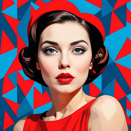 Prompt: Ukrainian Woman with bright red lips, conceptual, in the style of modern pop art print illustration, multiple prints repeated, very bright colors, geometric forms, 1960s, spy movie Action pose, 2d