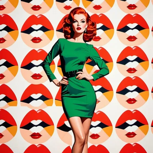 Prompt: Irish redhead Woman with bright red lips, conceptual, glamour, dramatic, waist up, long legs, in the style of modern pop art print illustration, multiple prints repeated, very bright colors, geometric forms, 1960s, spy movie Action pose, 2d