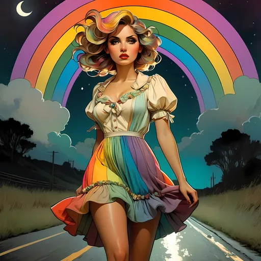 Prompt: by Alphonse Mucha & Sam Guay & Francesco Francavilla :: Lost angry dishevelled furious cute sorority president wearing dirty tattered rainbow dress on lonely road on moonlit night :: sinister, horror