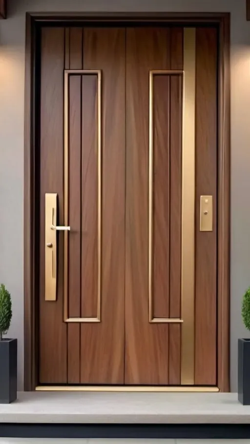 Prompt: create a main door design made of teak wood and brass coating where the designs are modern yet traditional
