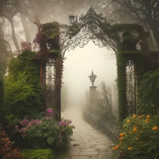 Prompt: Victorian age, The Secret Garden, old gate, magic, morning fog