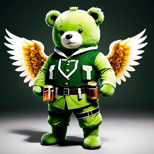 Prompt: Full body Custome of green athletic teddy beer army uniform make it look extremely epic suitable for pubg. Give him wings and a belt with little pots filled with honey on his belt.