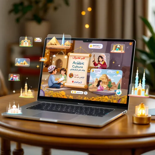 Prompt: Create an image of a sleek laptop on a wooden table, displaying an interactive Arabic culture learning platform. On the screen, show children participating in activities like virtual storytelling, traditional music lessons, and cultural games. Surround the laptop with subtle digital pop-ups of Arabic landmarks like the Pyramids, Petra, and the Burj Khalifa, along with elements like Arabic calligraphy, lanterns, and mosaic patterns. Ensure the scene feels warm, engaging, and educational, highlighting the immersive experience of learning Arabic culture online