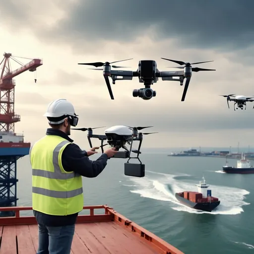 Prompt: realistic 4k photo. drone flying at a port and vessel. The worker are wearing virtual reality equipment in office and front of view is glasses see pier. the worker use wireless controlles in hand. In the background, there are high sea waves, a pier, strong wind, mother vessel container. Two drones surrounding at pier and vessel container are small.