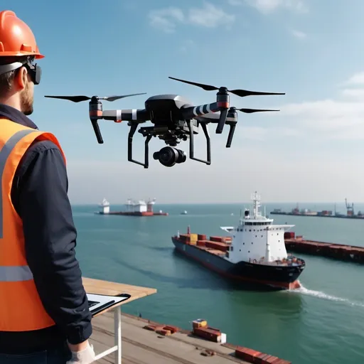 Prompt: realistic 4k photo. drone flying at a port and vessel. The worker are wearing virtual reality equipment in office and front of view is glasses see pier. the worker use wireless controlles in hand. In the background, there are high sea waves, a pier, strong wind, mother vessel container. Two drones surrounding at pier and vessel container are small.