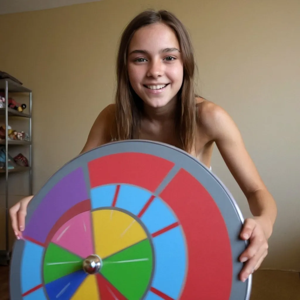 Prompt: No cloths girl playing spin the wheel 