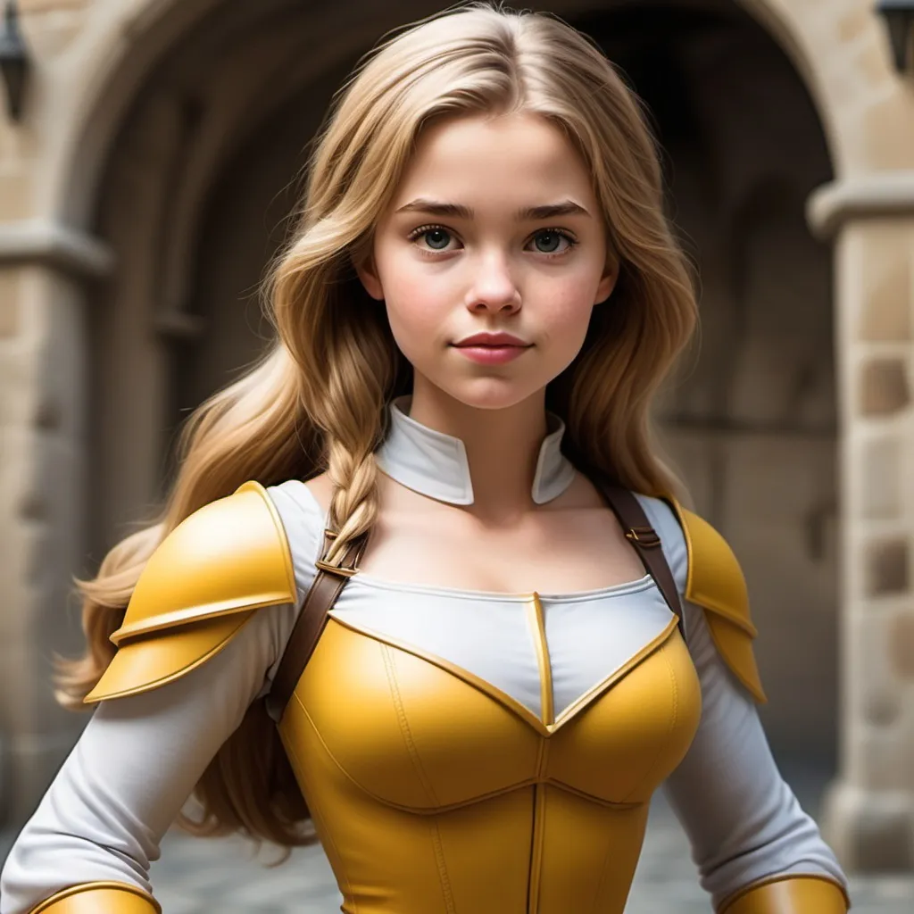 Prompt: Make an image of "Belle". Belle is a beautiful young lady of 24 years old. She has light brown to blond hair that reaches her shoulders. Depict her as a crusader who helps weak citizens in their digital skills. She likes to wear tight leggings.