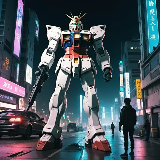 Prompt: a person is looking strsight is being next to a gundam in night city following cyberpunk style