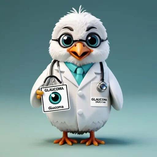Prompt: A cute bird wearing white medical doctor's gown is standing with a name tag "Glaucoma". The bird is holding an eyeball model.