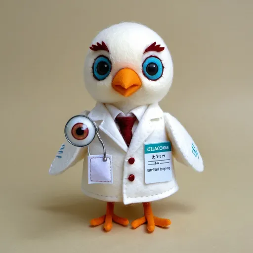 Prompt: A cute bird wearing white medical doctor's gown is standing with a name tag "Glaucoma". The bird is holding an eyeball model.