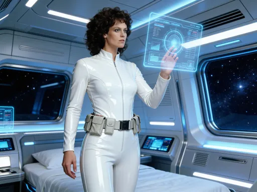 Prompt: She is wearing a latex white jumpsuit. Belt with pouches. White science fiction bedroom cabin. Photo realistic multiview
