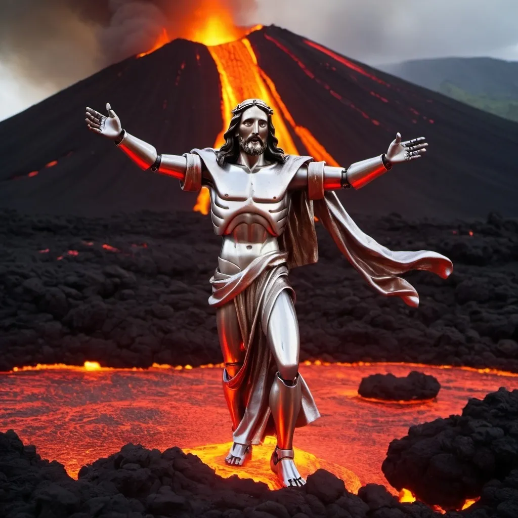 Prompt: Jesus dancing in vulcano region with robot from carbide legure.On picture is a lot of lava that shines in dark