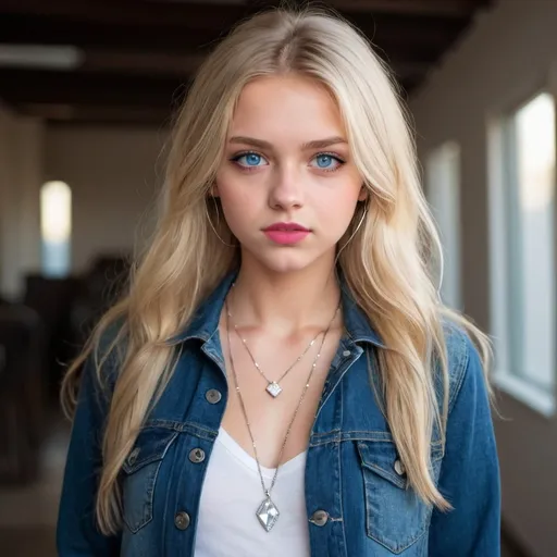 Prompt: Beautiful Girl with jacket and jeans and loose long full shirt and blonde hair  small chest and beautiful diamond necklace blue eyes 
And she's confident in herself she is a teenager and she's looking at me bravely lipstick eyeliner and she's cool 

