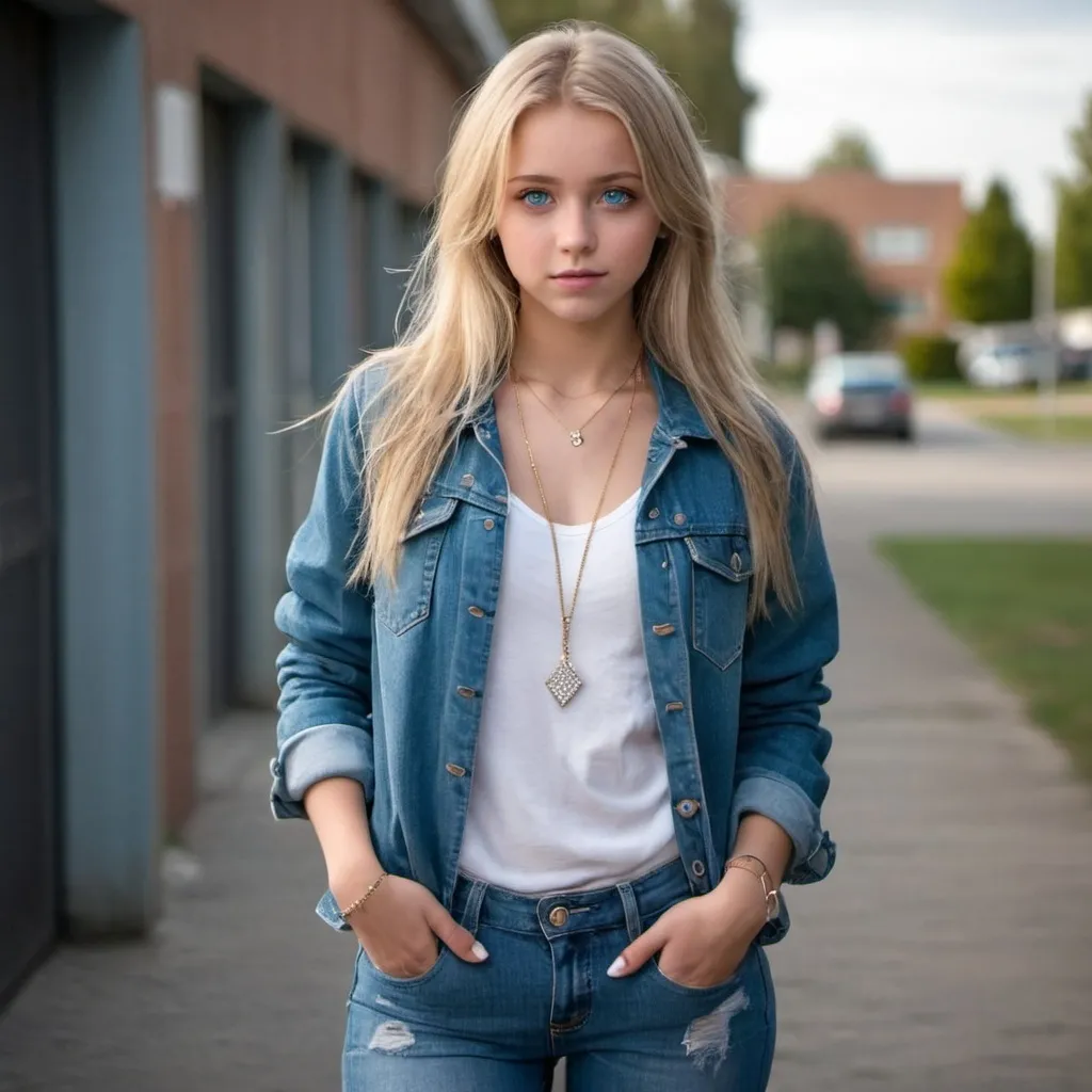 Prompt: Beautiful Girl with jacket and jeans and loose long full shirt and blonde hair  small chest and beautiful diamond necklace blue eyes 
And she's confident in herself she isa teenager

