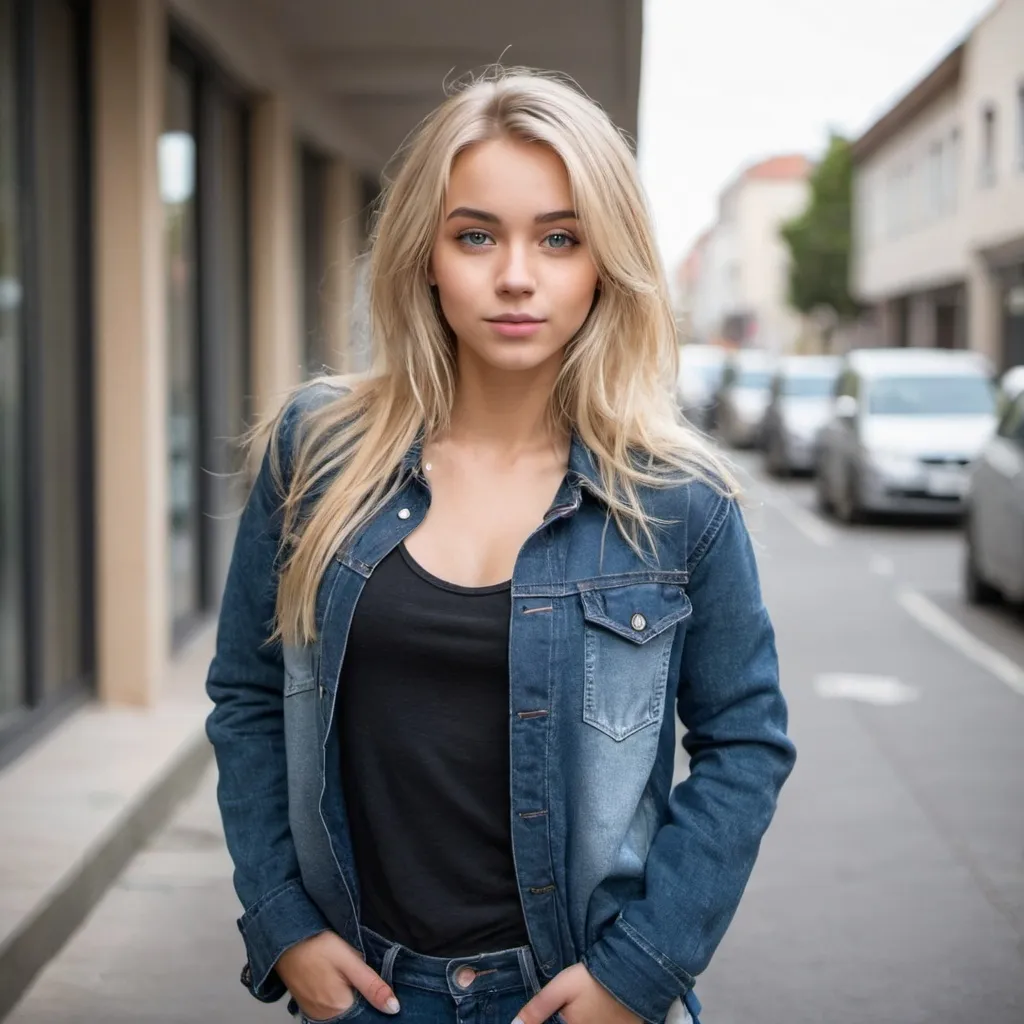 Prompt: Beautiful Girl with jacket and jeans and loose shirt and blonde hair 