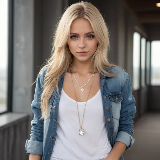 Prompt: Beautiful Girl with jacket and jeans and loose long full shirt and blonde hair  small chest and beautiful diamond necklace 

