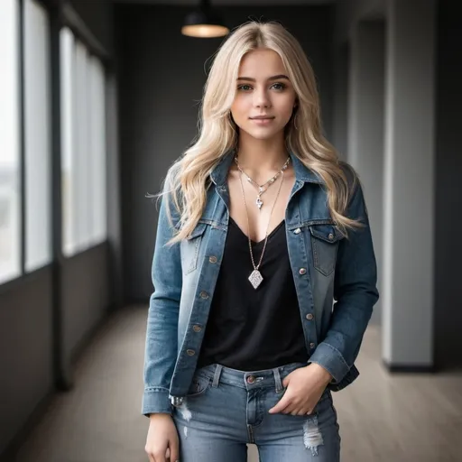 Prompt: Beautiful Girl with jacket and jeans and loose long full shirt and blonde hair  small chest and beautiful diamond necklace 
And she's confident in herself 

