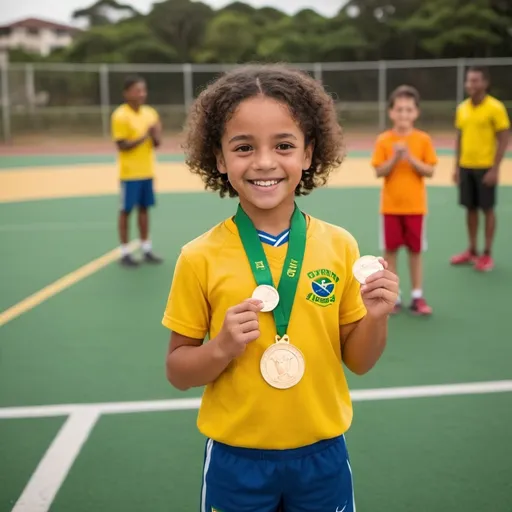 Prompt: A confident Brazilian child, smiling and wearing a gold medal on their chest, standing in a sports field or gymnasium. The child has light brown skin, brown hair, and is wearing a sports uniform. In the background, the parents, a man and a woman, with light brown skin and dark hair, are clapping and smiling proudly. The environment is bright and cheerful, with sports elements like balls, cones, or nets visible in the background.