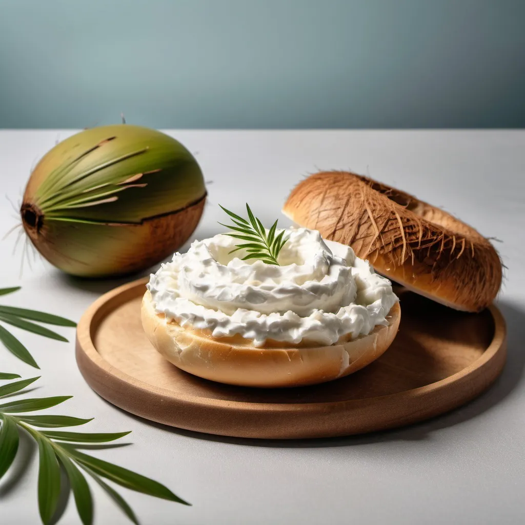 Prompt: A advertising coconut cream cheese 1 bagle on the table setting, but simple background image


