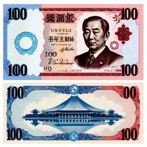 Prompt: 
un billet de yen  de valeur 100 de couleur rouge et bleu
