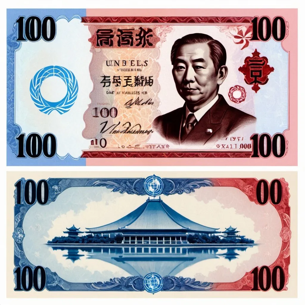 Prompt: 
un billet de yen  de valeur 100 de couleur rouge et bleu
