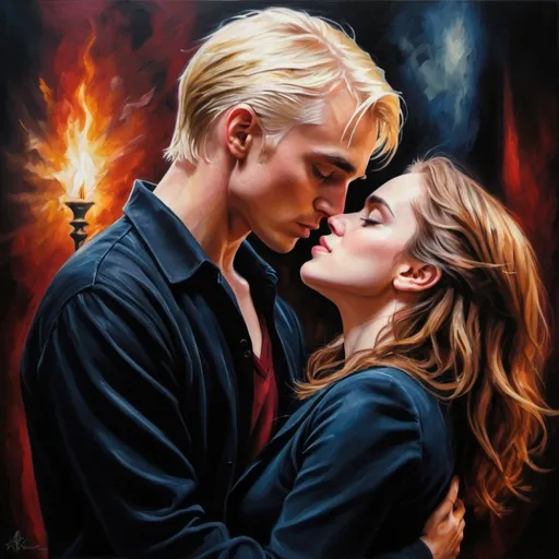 Prompt: Draco and Hermione passionate kiss, oil painting, intense emotions, forbidden love, dramatic lighting, rich colors, detailed facial expressions, emotional artwork, high quality, oil painting, passionate, dramatic lighting, rich colors, detailed expressions, forbidden love